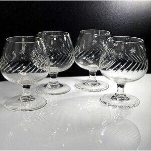 4 Etched Stars & Bars Brandy Glasses 3.5" small MCM slashes star 2-3oz liquor